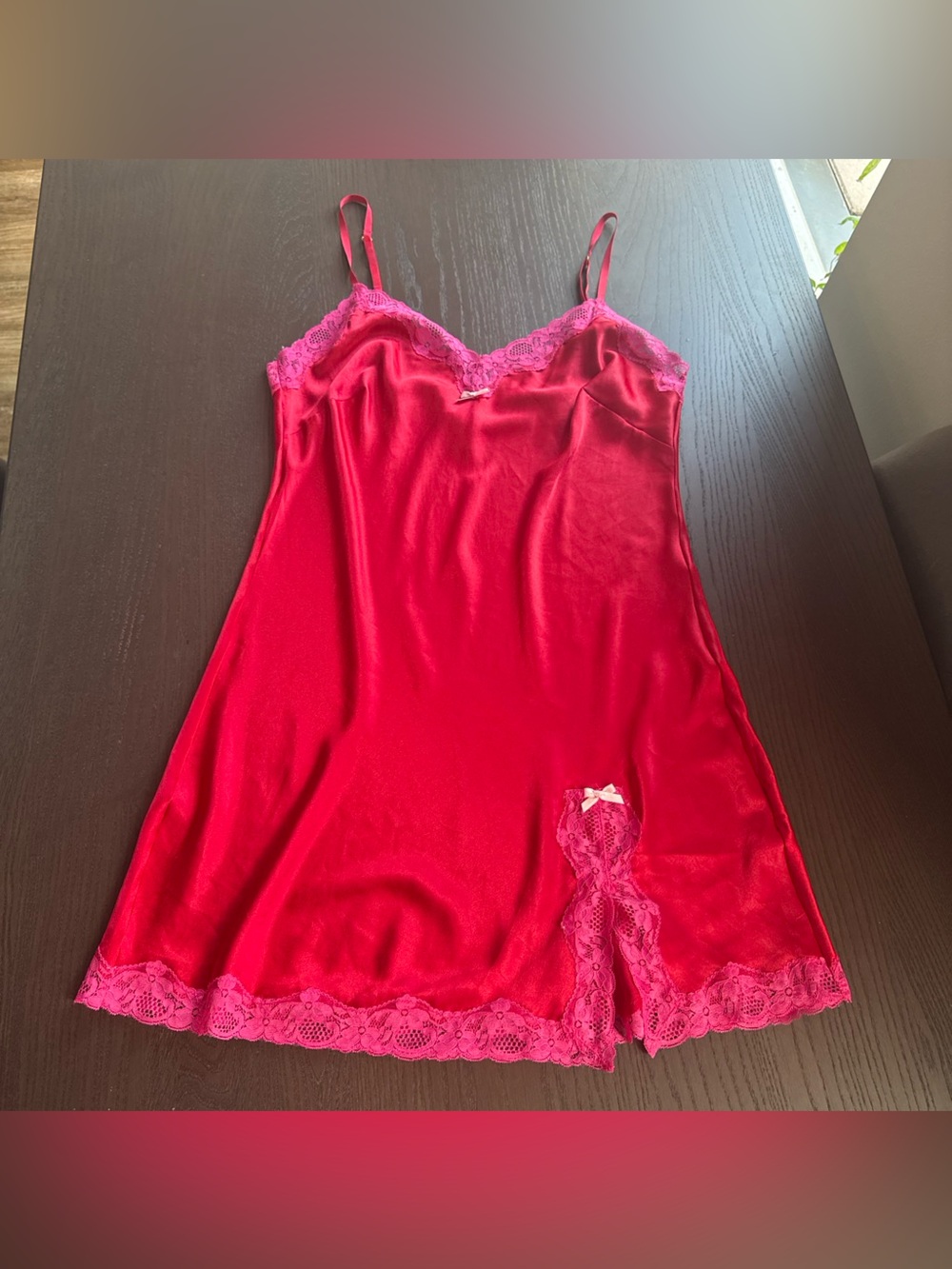 Victoria Secret Lace Trim Satin Chemise Slip Nightgown - Red size M with a slit